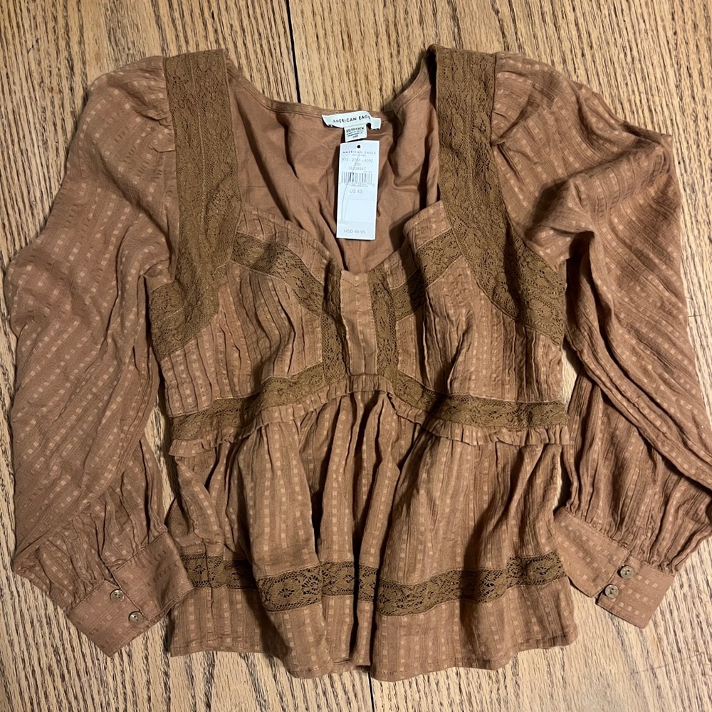 XS Brown Peplum American Eagle Lace Trim Women's Top